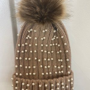 Knit Winter Pom Pom Hat with Pearl Embellishments